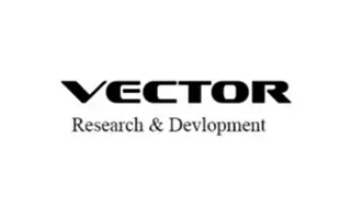 A black and white logo of vector research & development